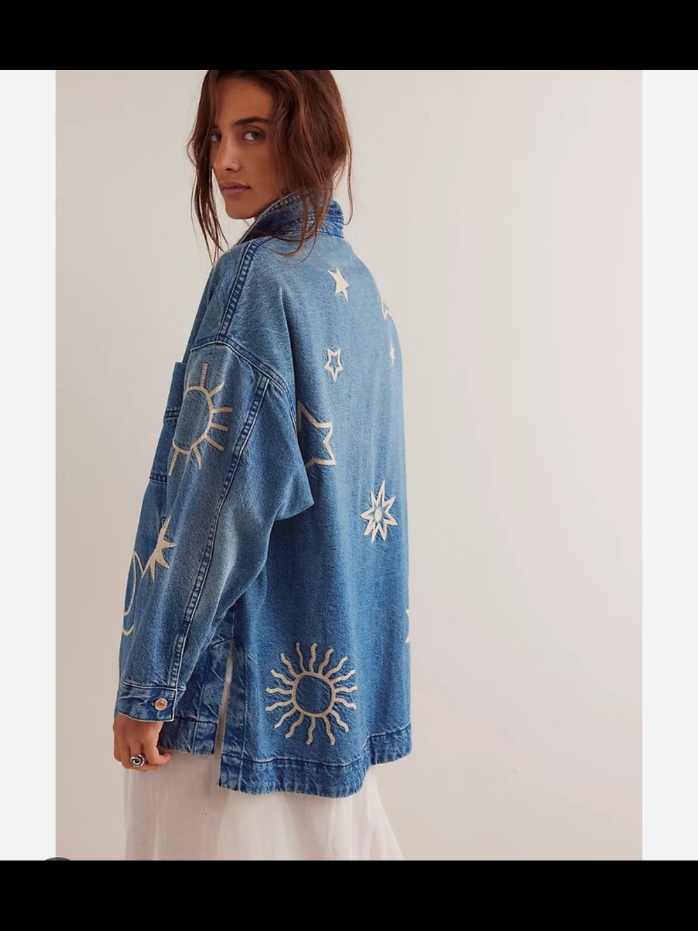 Free People Blue Denim Jacket with White Sun & Star Embroidery